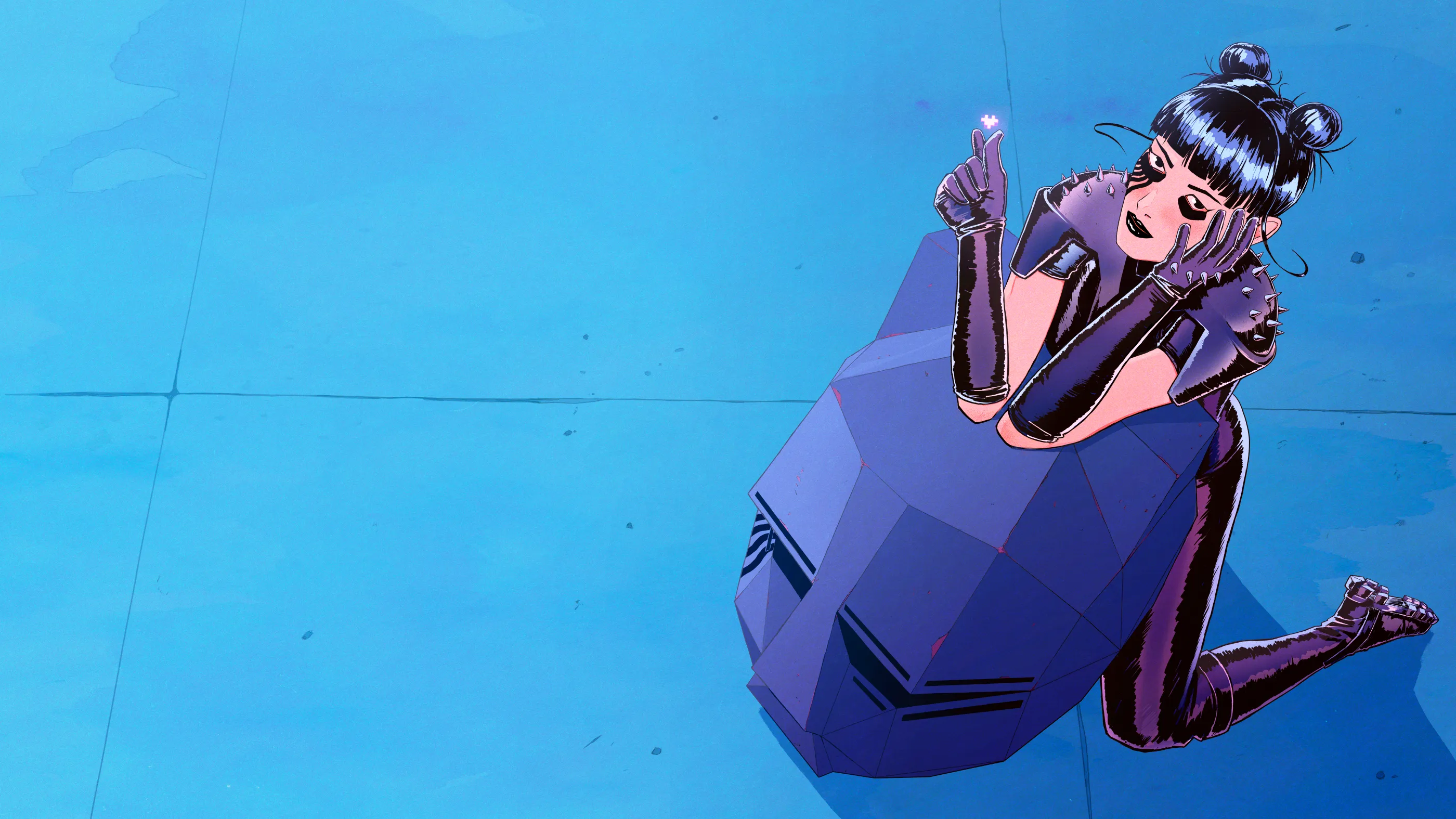 Artwork of the character Zoe leaning on a BTSM Fighter Helmet and making a finger heart gesture.